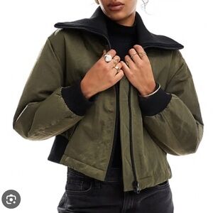 ASOS NWOT Olive Green Bomber Black Funnel Neck Jacket Size 0 Fits Like XS